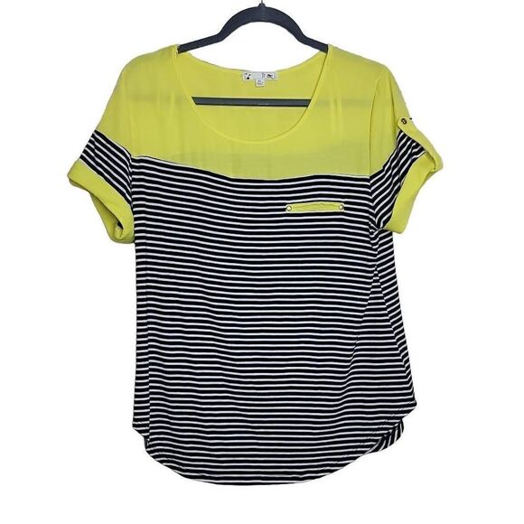 It Girl Short Sleeve Stripe Colorblock Mixed Media Top Yellow Black - Picture 1 of 9